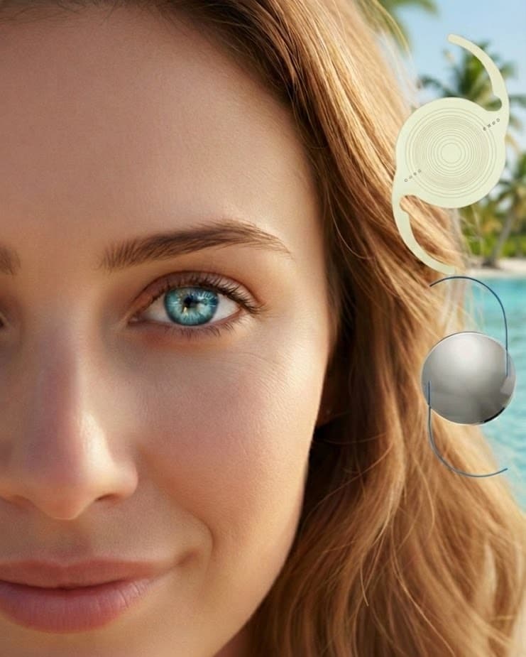 Woman with blue eye and intraocular lens implants